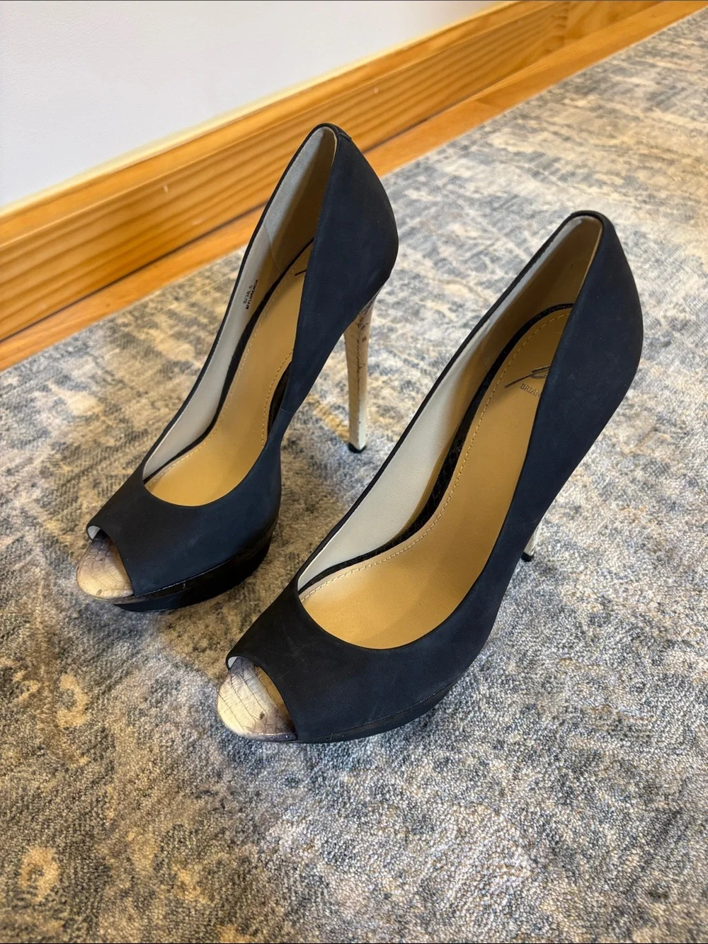 Brian Atwood Black Peep-Toe Pumps with Gold Metallic Toe and Stiletto